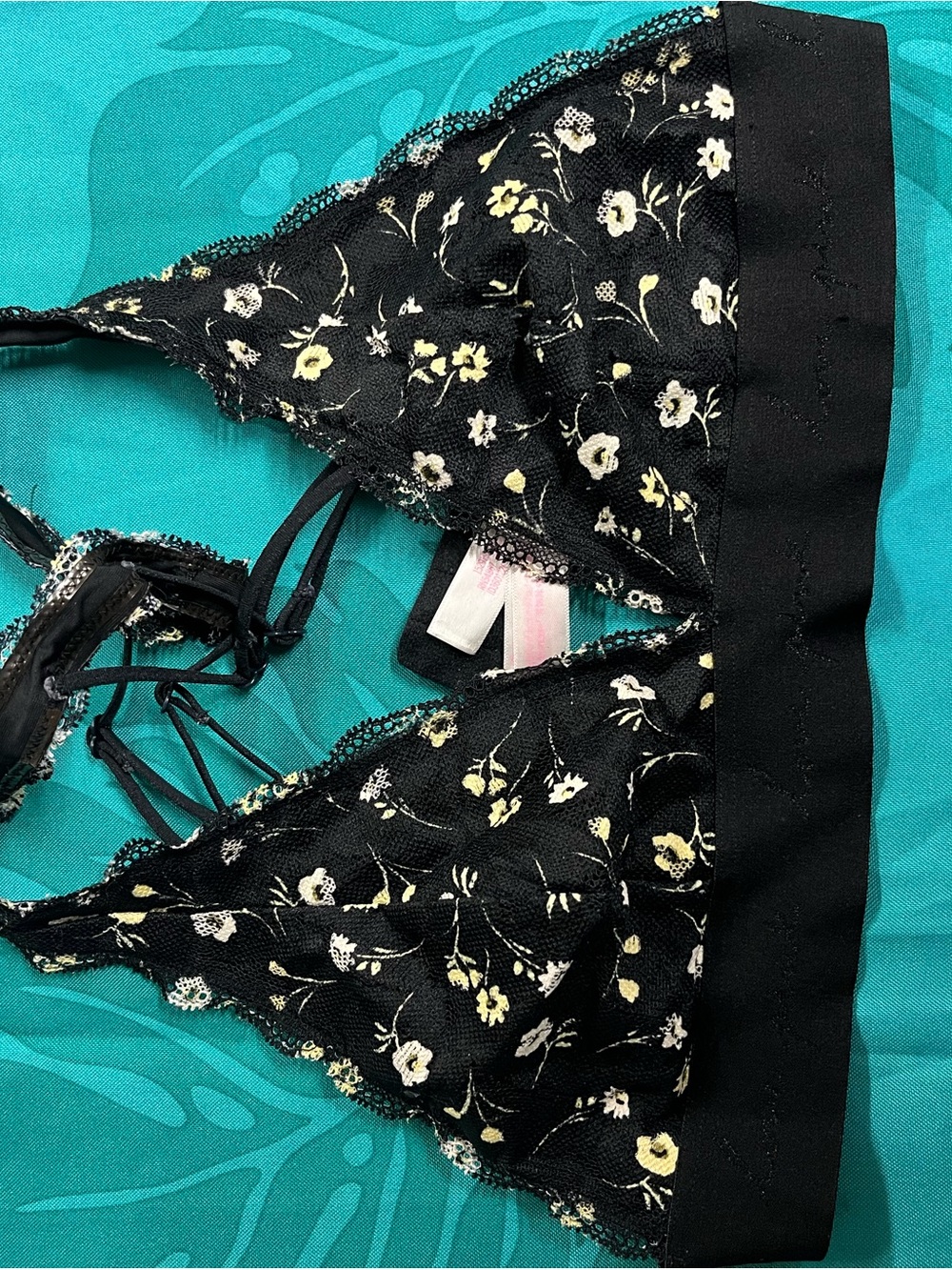 PINK Victoria's Secret Black Floral Lace Bralette with Cream-Yellow Accents